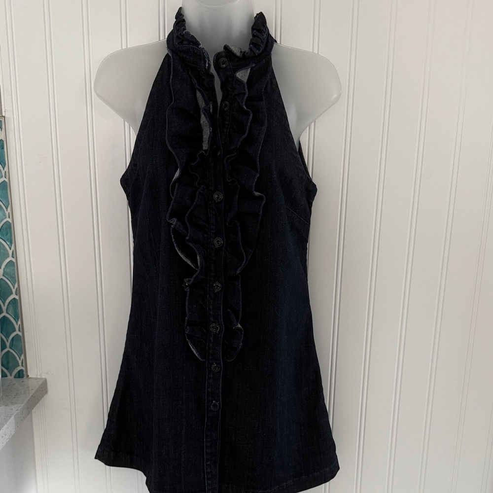 7 for mankind Ruffled denim Halter dress